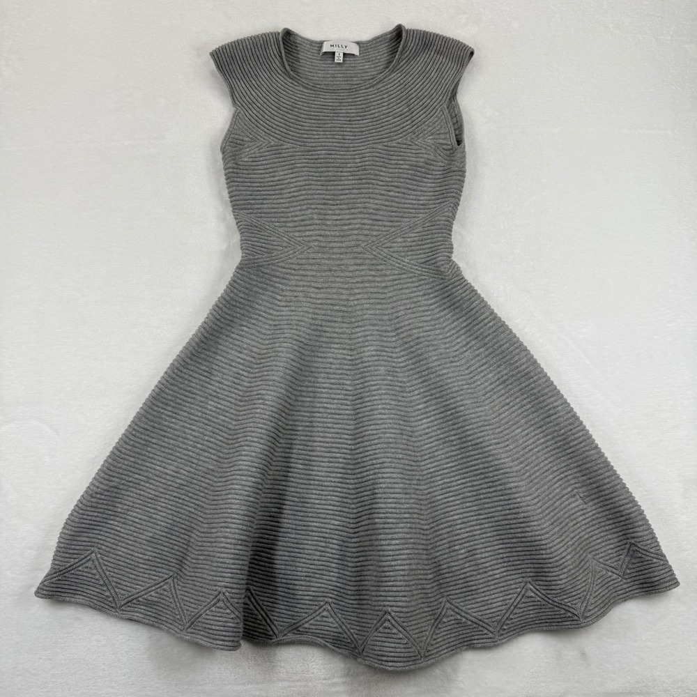 Milly Gray Ribbed Knit Fit & Flare Skater Dress Sleeveless Round Neck Womens S